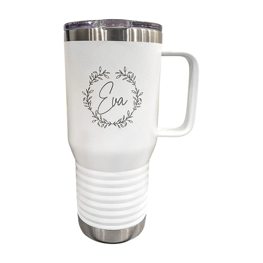 Engravefied, Laser Engraved, 20 oz travel mug, personalized gift, White